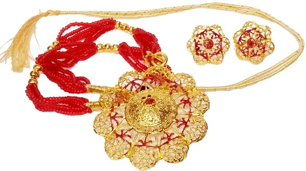 (Pack_Of_2)_Assamese_Traditional_Gold_Plated_Red_Colour_Tassel_Jewellery_Set_For_Women